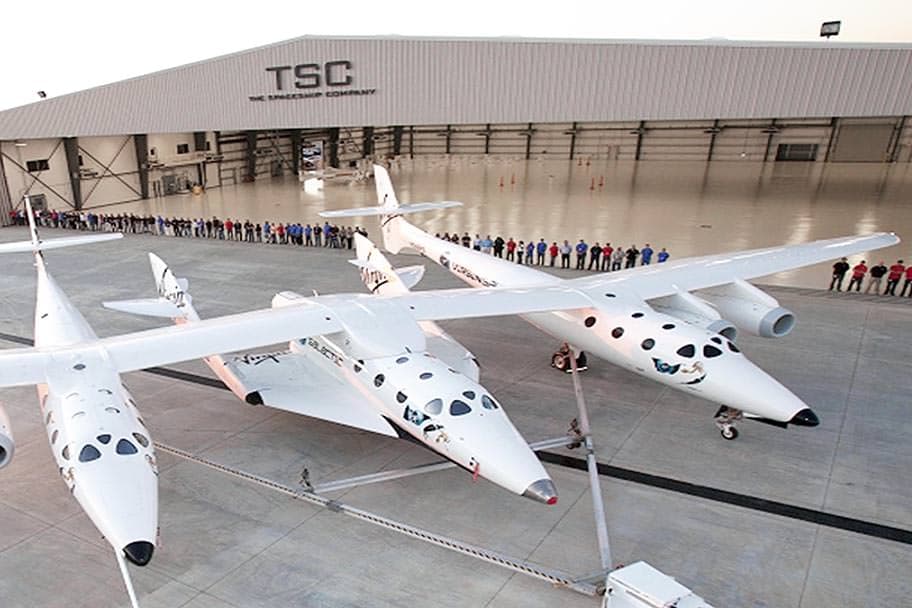 The White Knight Two mothership inside the FAITH hangar at the Mojave Air & Space Port