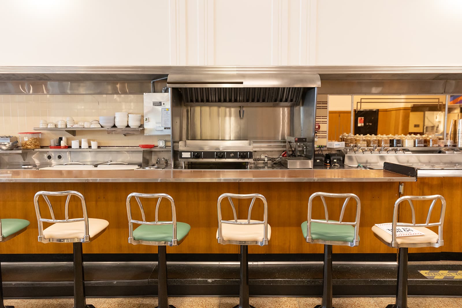 The restored Woolworth's lunch counter and its stools