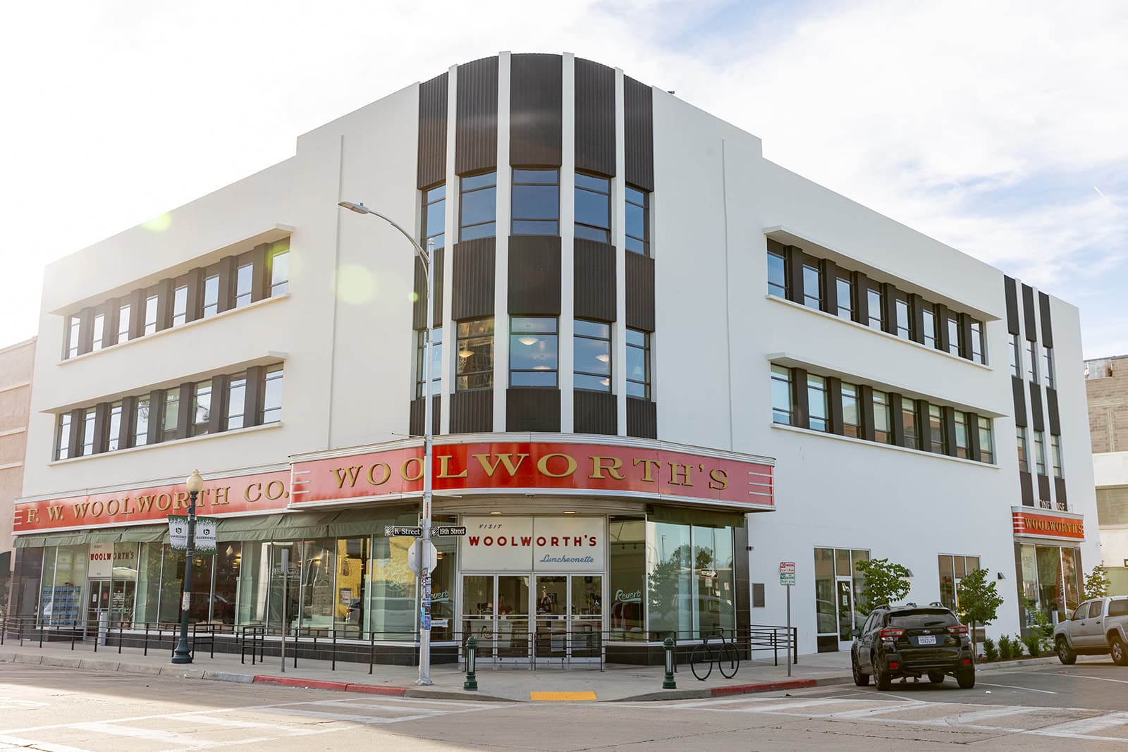 The restored Woolworth's building on its downtown Bakersfield corner